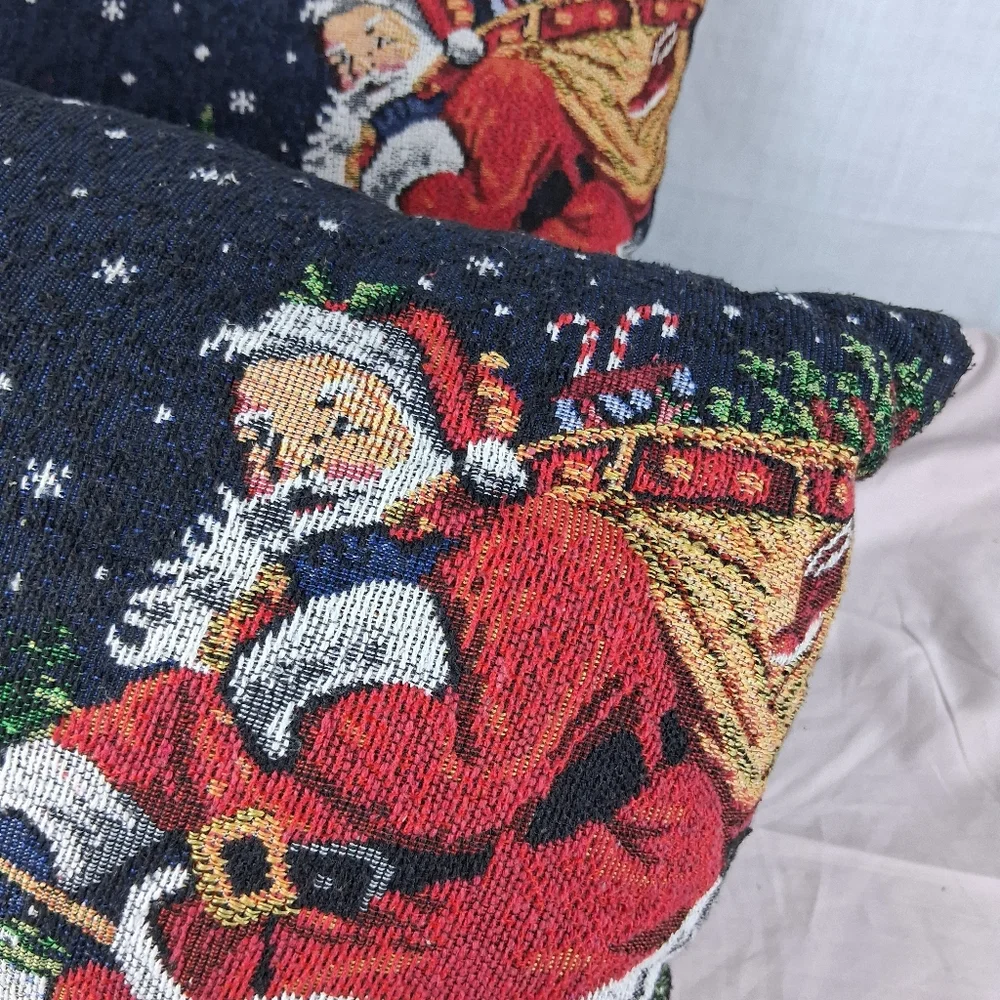 2 Tapestry Christmas Double Sided Reversible Throw Pillows Santa Ornaments Sofa